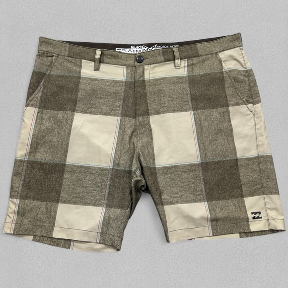 Billabong Board Shorts Men's 42x8 Brown Beige Plaid Platinum X 4 Way Stretch - Picture 1 of 12